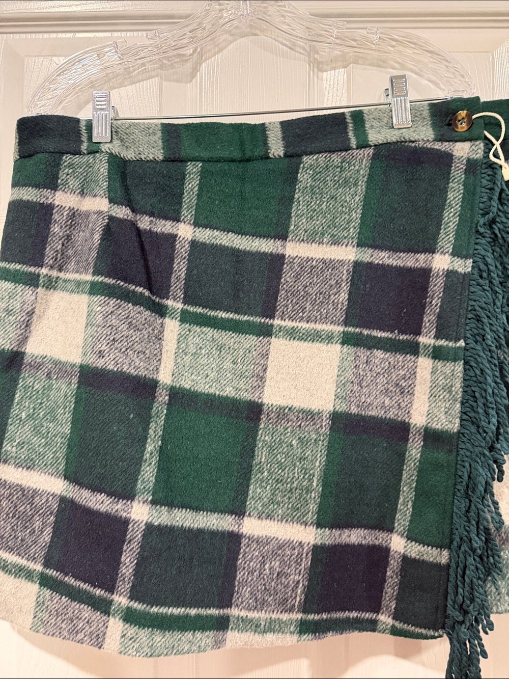 Green, Navy, Cream Plaid Fringe Wrap Mini Skirt - Women